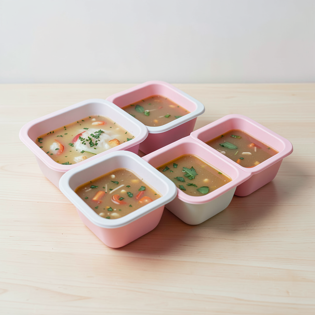 Silicone freezer trays filled with portioned soup for meal prep