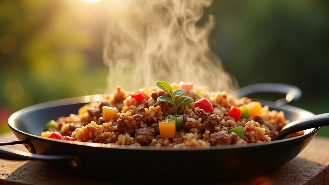A skillet of ground beef and rice with peppers and tomatoes