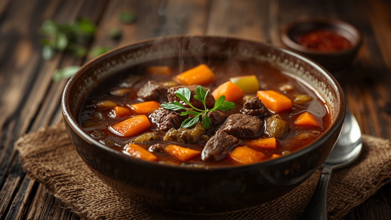 A bowl of beef barley soup with carrots, celery and chunks of beef