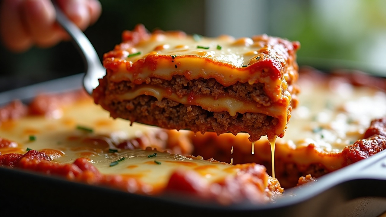 A slice of beef lasagna with melted cheese and layers of meat sauce