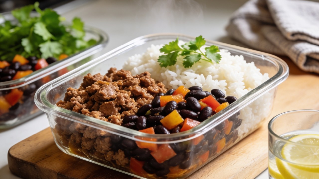 Meal prep containers with ground turkey, black beans, and rice