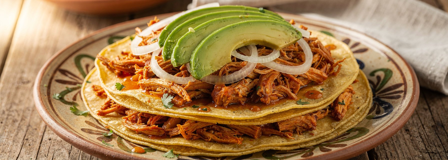Corn tortillas piled with smoky shredded chicken tinga and fresh toppings