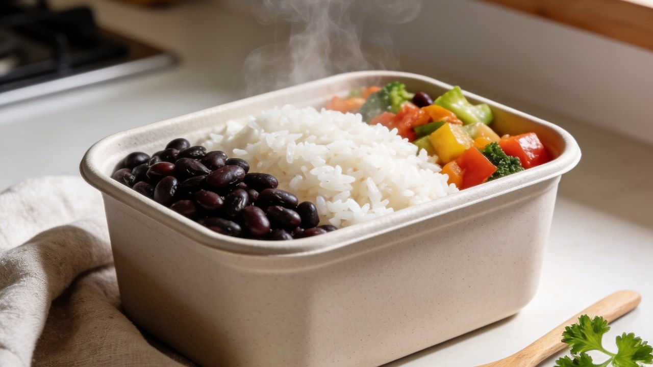 Dorm-room meal prep containers with rice, beans, and vegetables