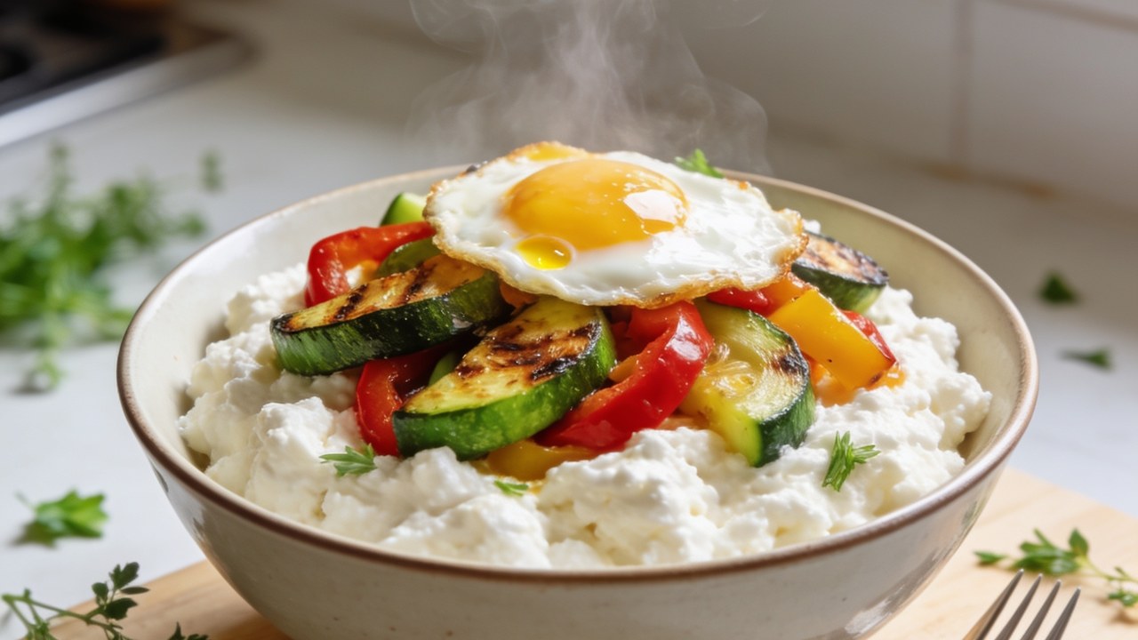 Savory cottage cheese meal prep bowls with roasted vegetables and egg