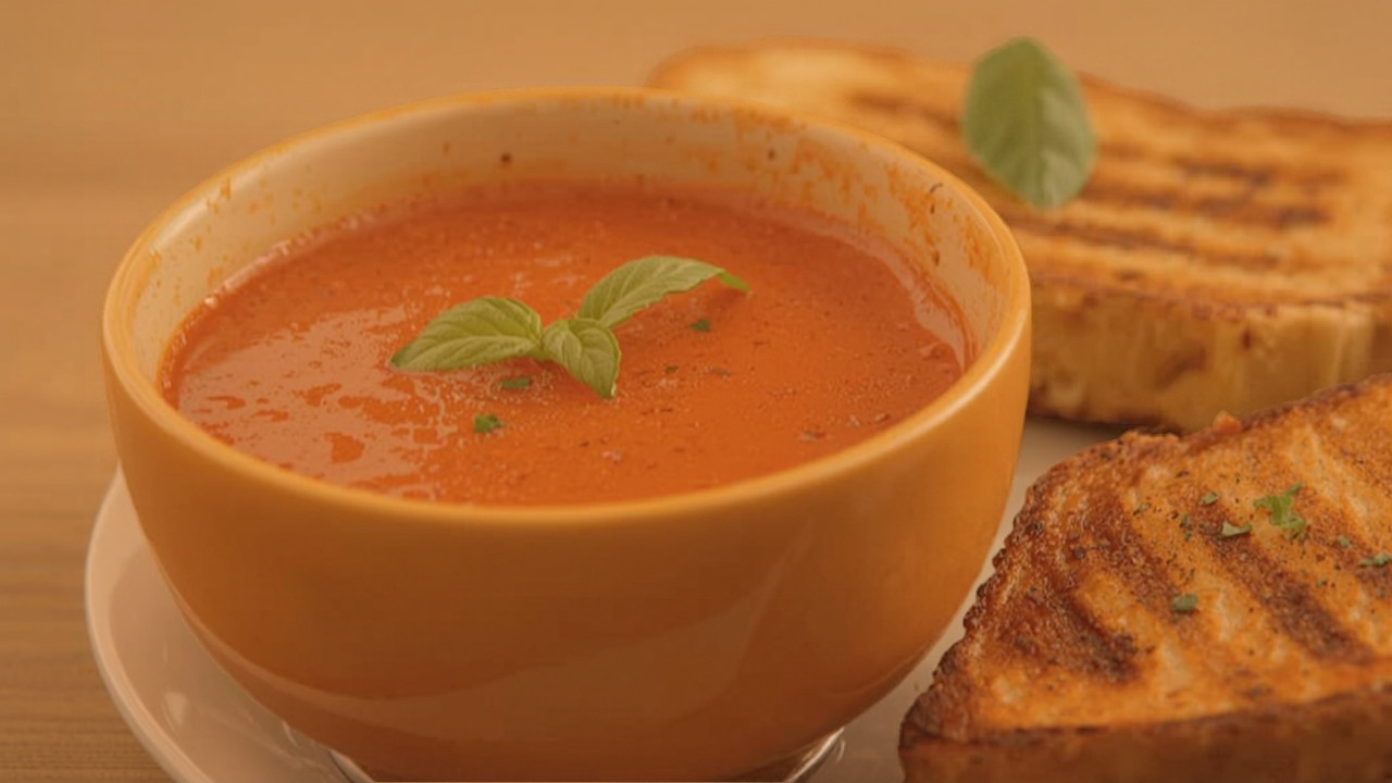 A bowl of creamy tomato basil soup with a basil leaf and toasted bread beside it