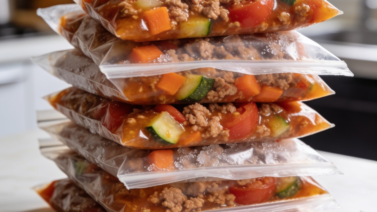 Flat-frozen freezer meal prep bags with turkey and vegetable filling