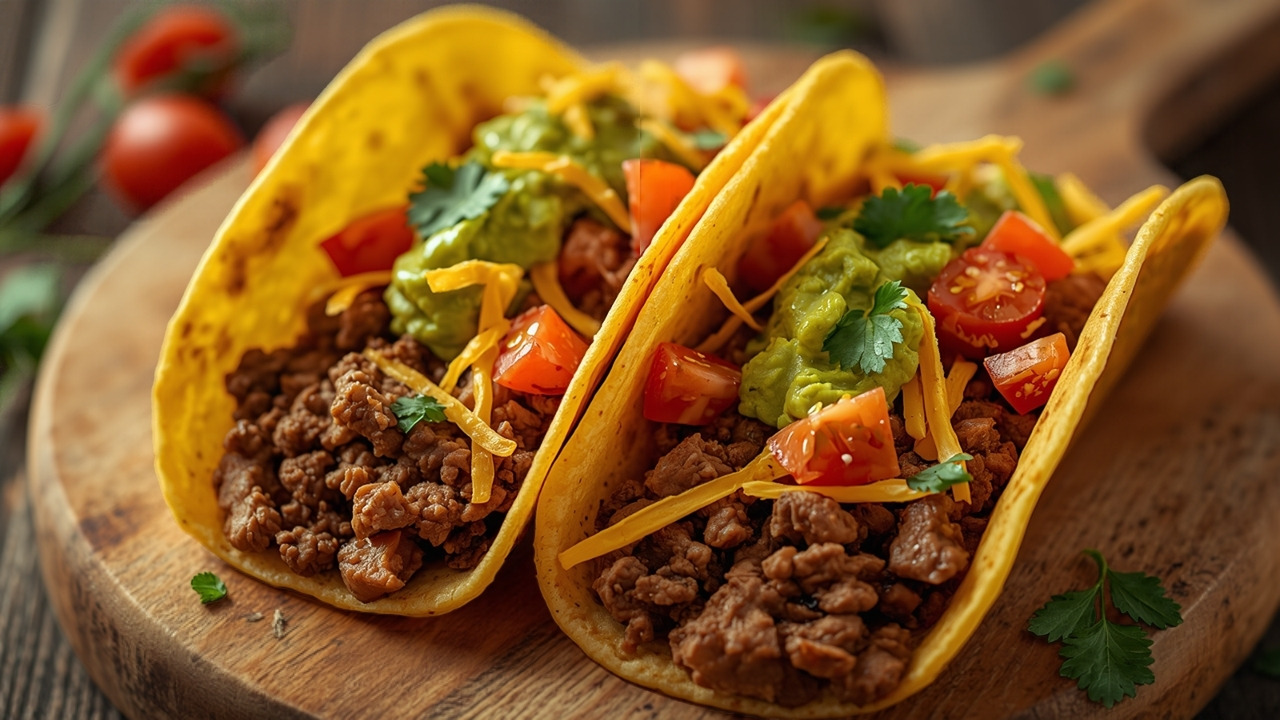 Ground beef tacos in crunchy shells with lettuce, cheese and salsa