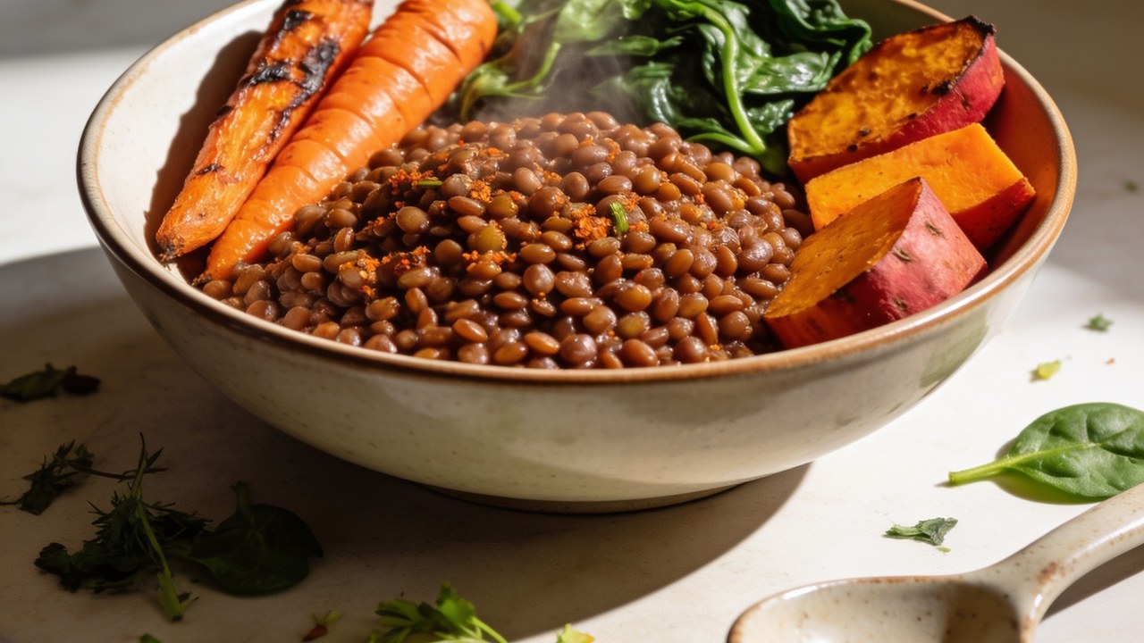 High fiber meal prep bowls with lentils, roasted carrots, and sweet potato