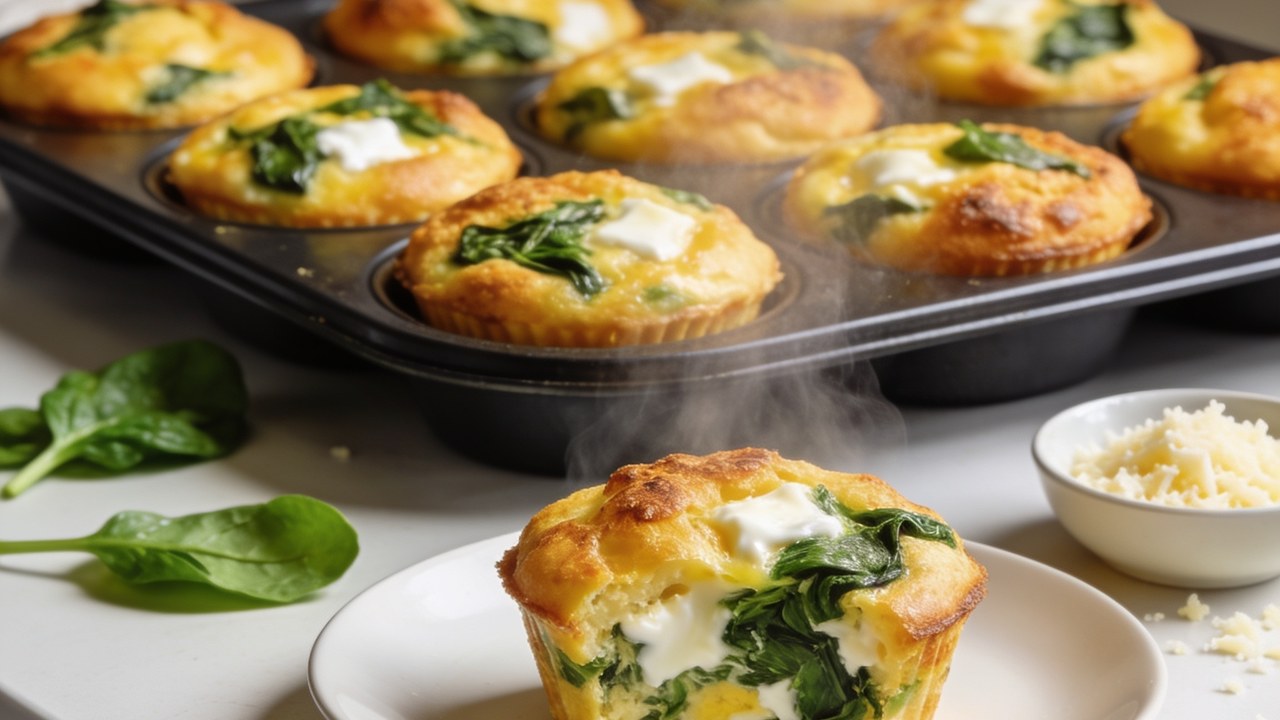 Tray of savory egg muffins with spinach and cheese