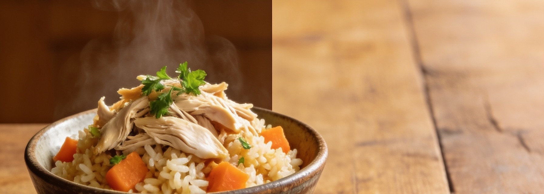 Bowl of Instant Pot chicken and rice with carrots and herbs