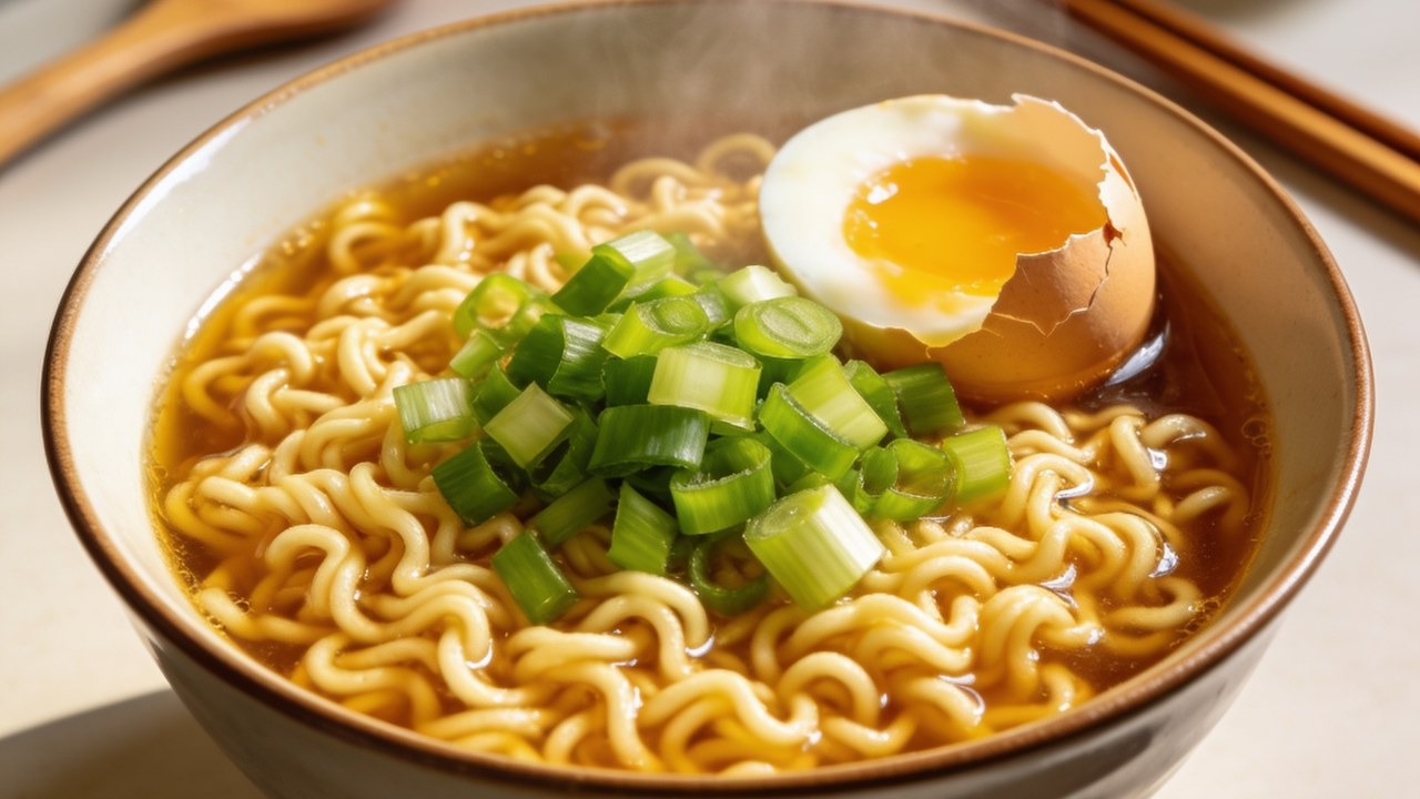 Instant ramen meal prep bowls with soft egg and vegetables
