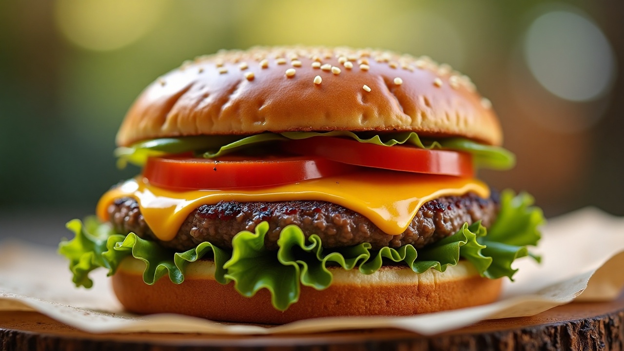 A juicy cheeseburger with lettuce and tomato on a toasted bun