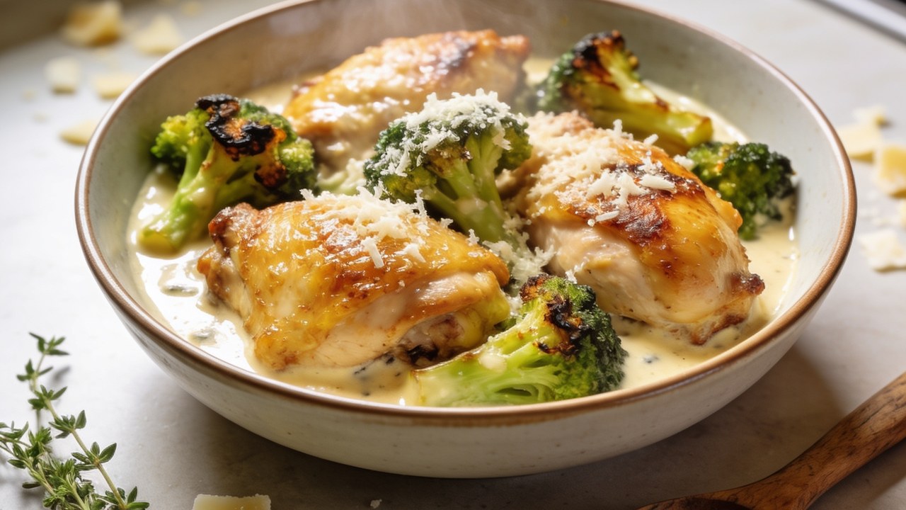 Keto meal prep bowl with chicken thighs, broccoli, and parmesan sauce