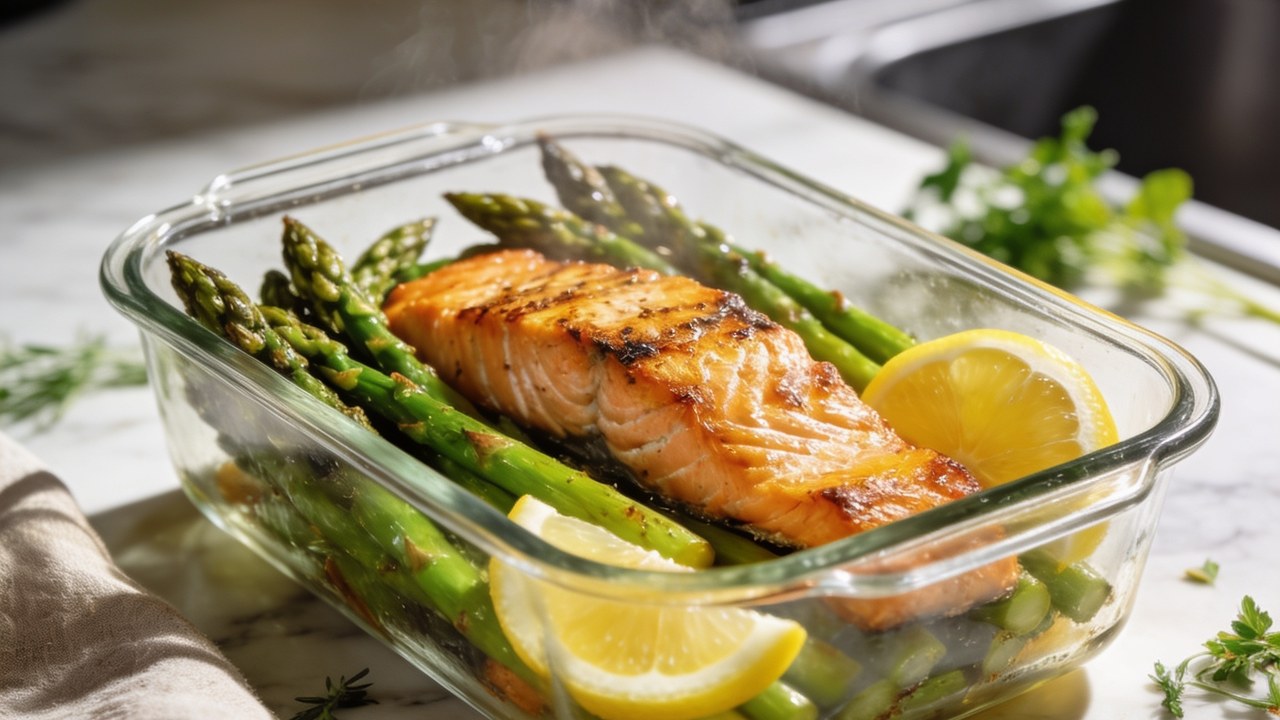 Sheet pan salmon and asparagus meal prep bowls with lemon dressing