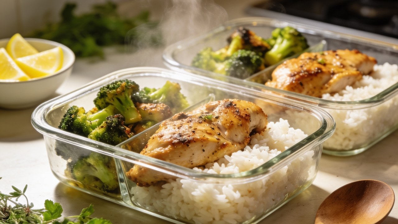 Five glass meal prep containers with chicken, rice, and broccoli