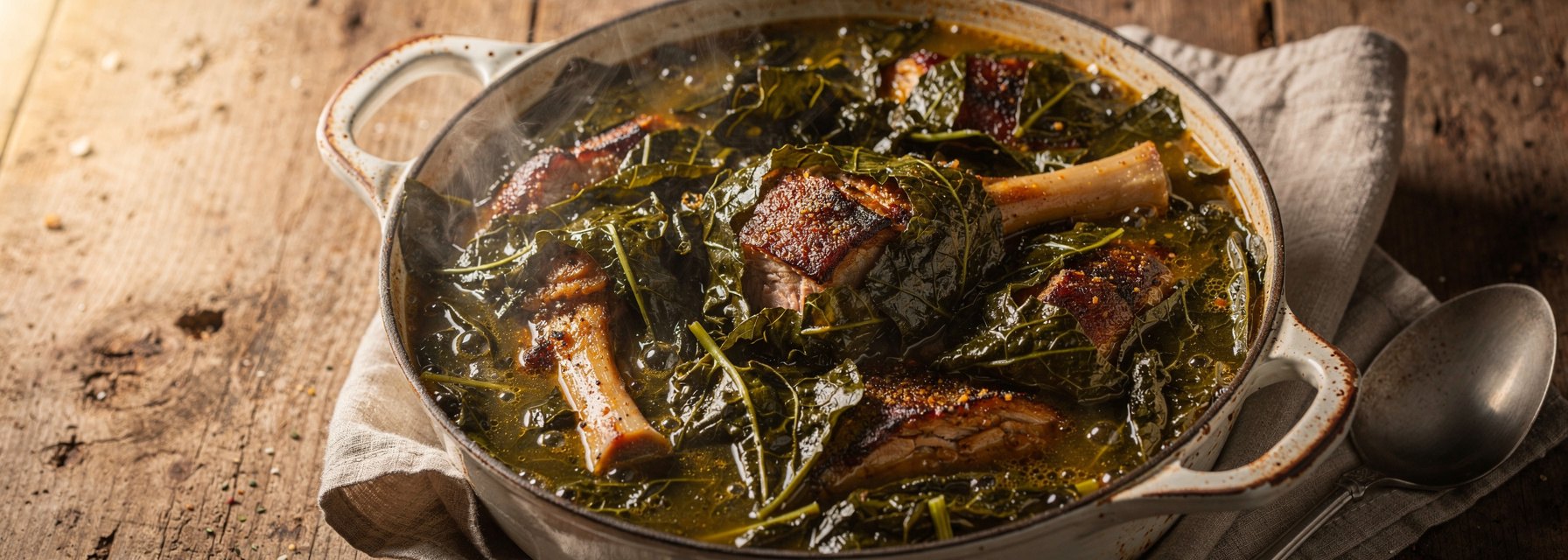 Pot of dark green collard greens simmered with smoked turkey in seasoned broth