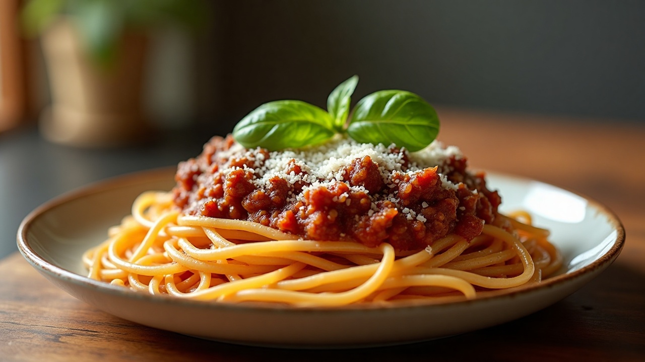 A plate of spaghetti topped with rich ground beef tomato sauce and basil